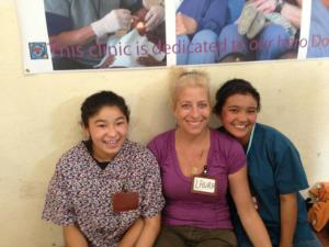 Sonam, Me and Sangmo taking a break at the dental clinic at their school in Boudha, Nepal